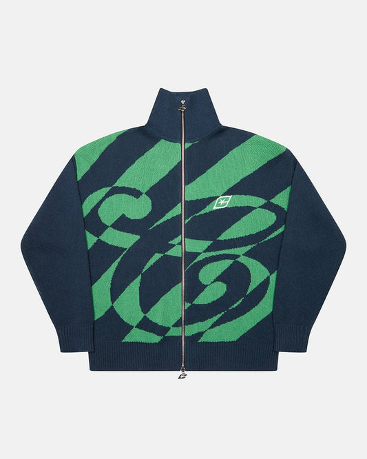 LINES FUSION KNIT GREEN & BLUE - green and navy striped knit sweater, front view - Cold Culture
