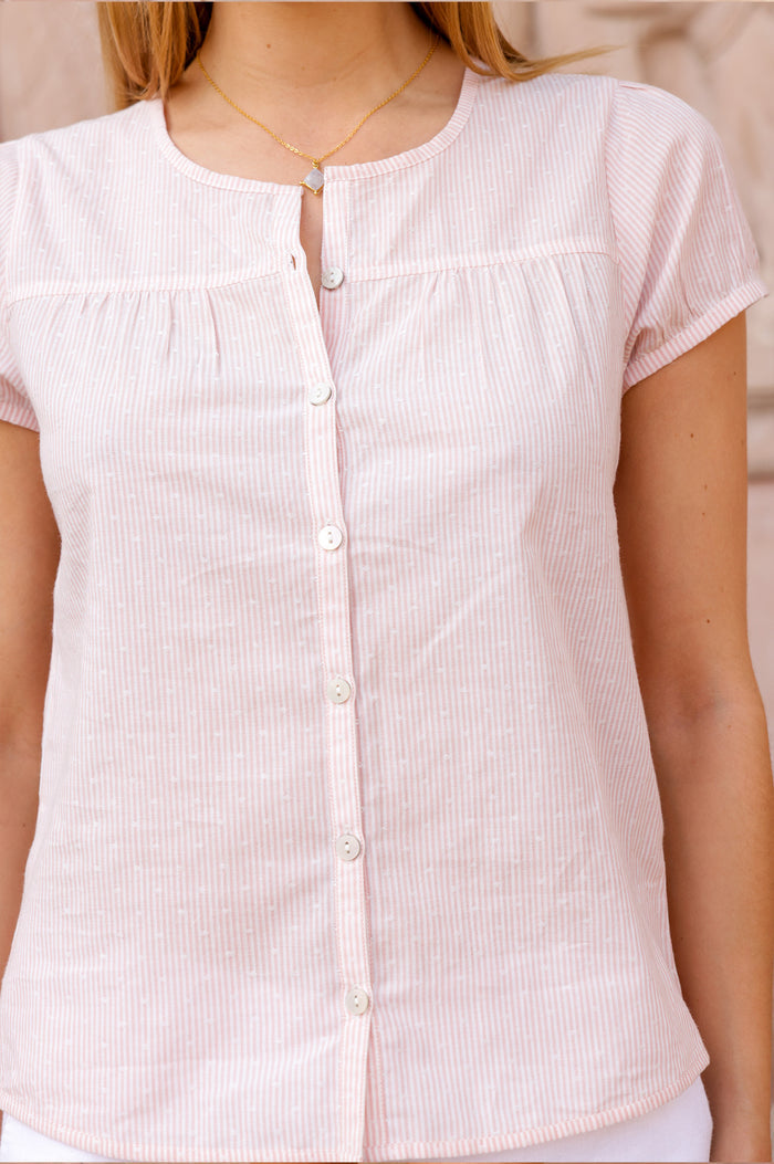 Lisbon Stripe Dobby Organic Cotton Blouse | Coral/White