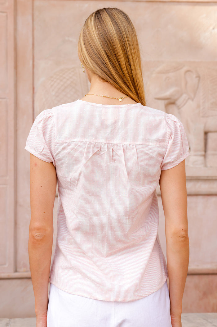 Lisbon Stripe Dobby Organic Cotton Blouse | Coral/White