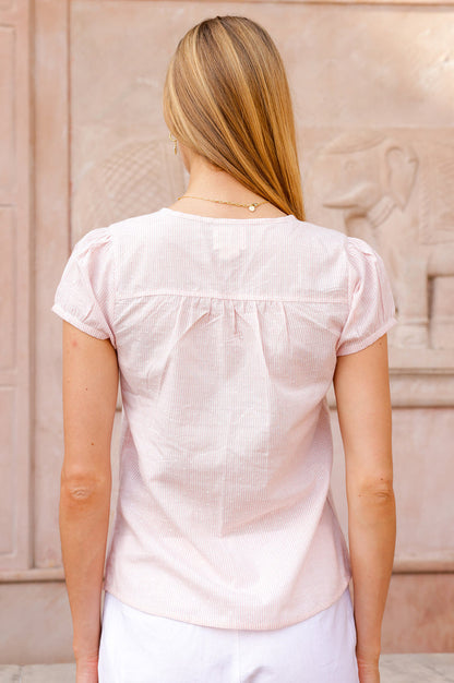 Lisbon Stripe Dobby Organic Cotton Blouse | Coral/White