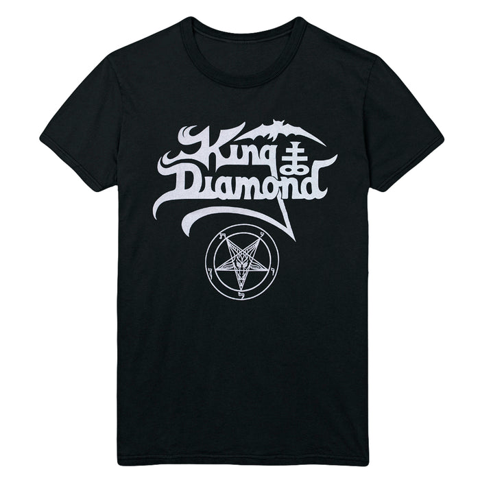 Black T-shirt by King Diamond featuring their logo in stylized white letters and a white pentagram with a goat head below the text.
