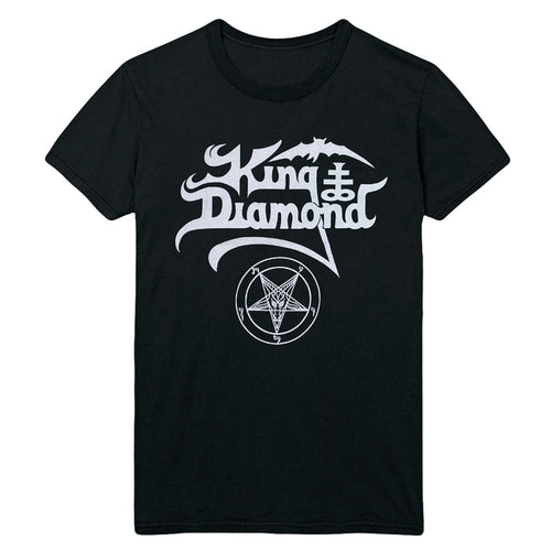 Black T-shirt by King Diamond featuring their logo in stylized white letters and a white pentagram with a goat head below the text.