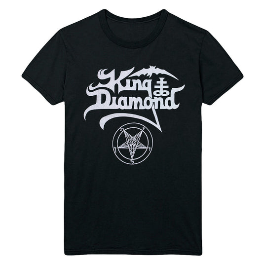 Black T-shirt by King Diamond featuring their logo in stylized white letters and a white pentagram with a goat head below the text.