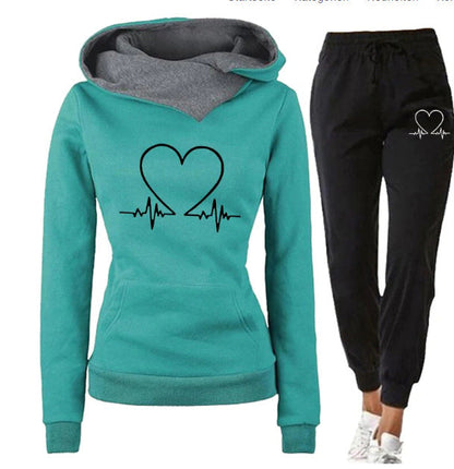 Love Heart Printed Women's Sports Suit Hooded Top & Pants