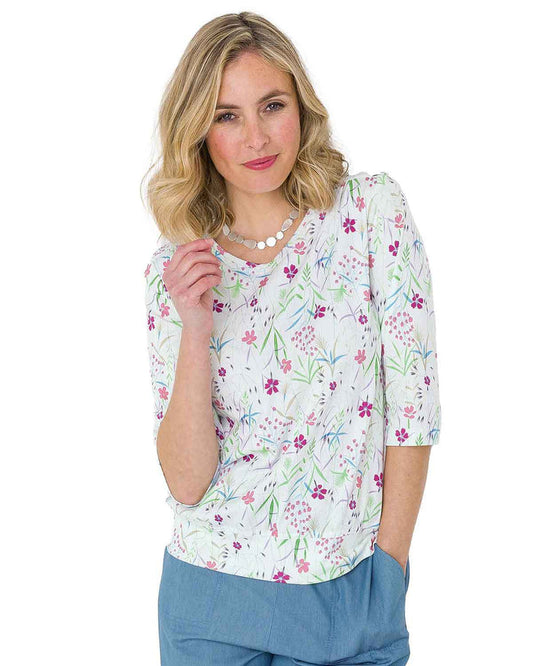 Luna Floral Pure Cotton 3/4 Sleeve Blouson Top - Image 1 - The Classic Boutique