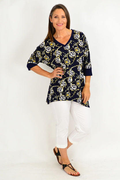 Gold and blue Lyra Chain Tunic by Stylius, featuring a stylish, flowing design with intricate chain detailing.