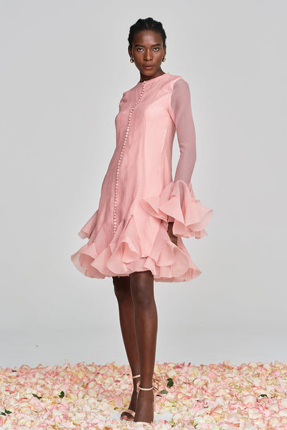 McCarthy Mesh Ruffle Midi Dress In Pink