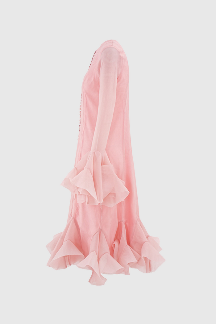 McCarthy Mesh Ruffle Midi Dress In Pink