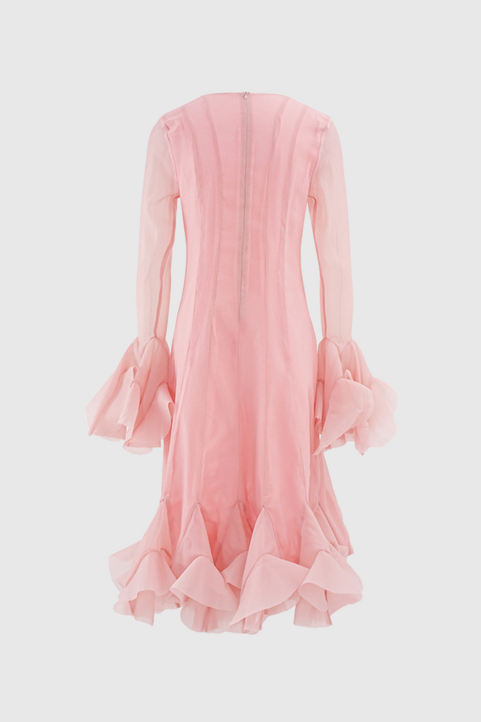 McCarthy Mesh Ruffle Midi Dress In Pink