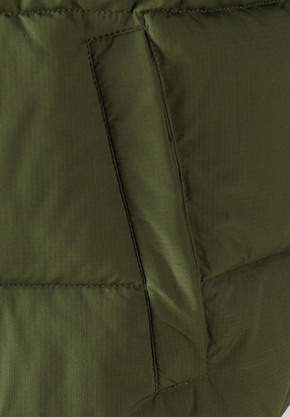 Detail of khaki padded gilet showing horizontal quilting and side pocket.