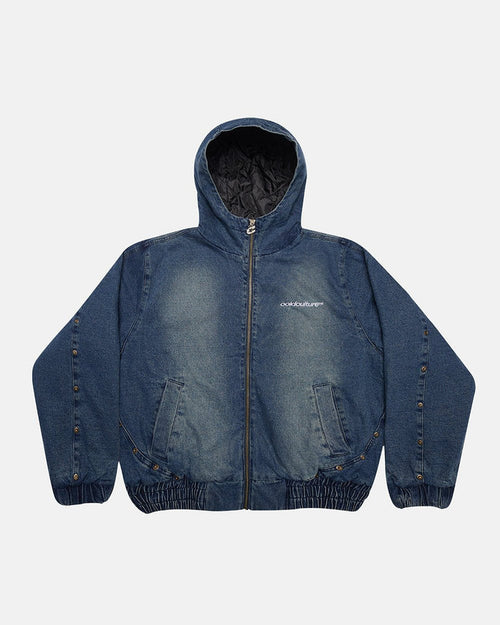 MIKE HOODED JACKET DENIM - blue denim hooded jacket, front view - Cold Culture