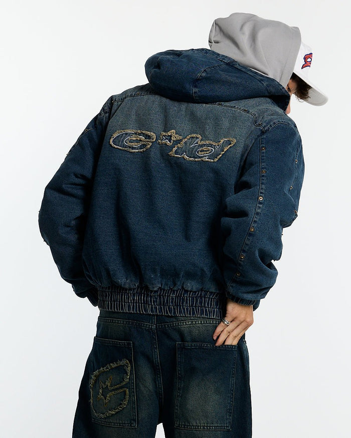 MIKE HOODED JACKET DENIM - blue denim hooded jacket, back view on male model - Cold Culture #man