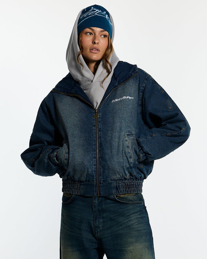 MIKE HOODED JACKET DENIM - blue denim hooded jacket, front view on female model - Cold Culture #woman