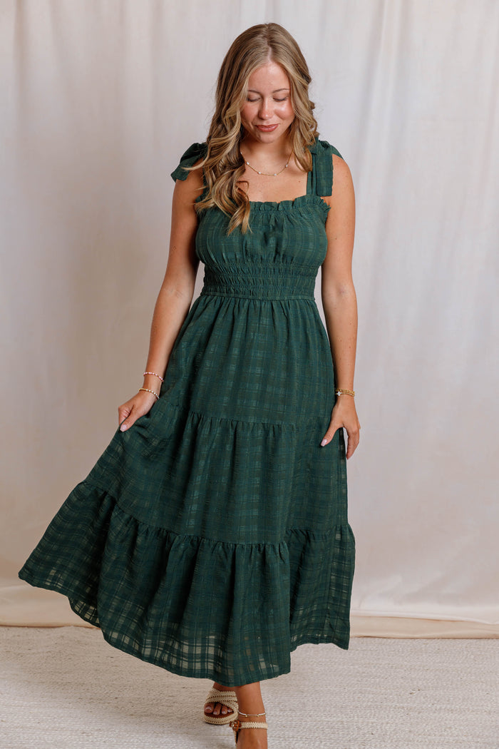 Hunter Green Midi Dress- Women's Tie Strap Tiered Dress- Smocked Waist Fall Dress With Pockets