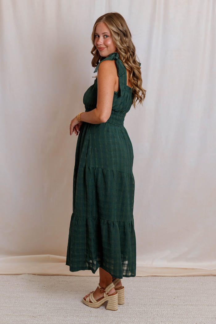 Hunter Green Midi Dress- Women's Tie Strap Tiered Dress- Smocked Waist Fall Dress With Pockets