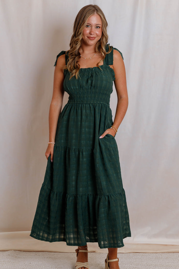 Hunter Green Midi Dress- Women's Tie Strap Tiered Dress- Smocked Waist Fall Dress With Pockets