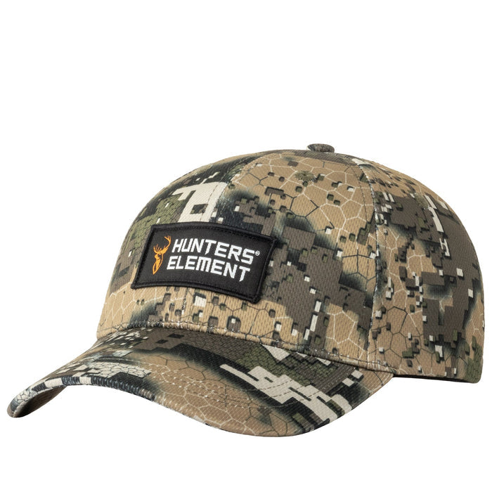 A kid's cap with a camouflage pattern and a 'Hunters Element' logo on the front.