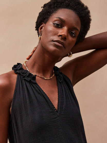 Petite Black Frill-Detail Halterneck Cheesecloth Mini Dress