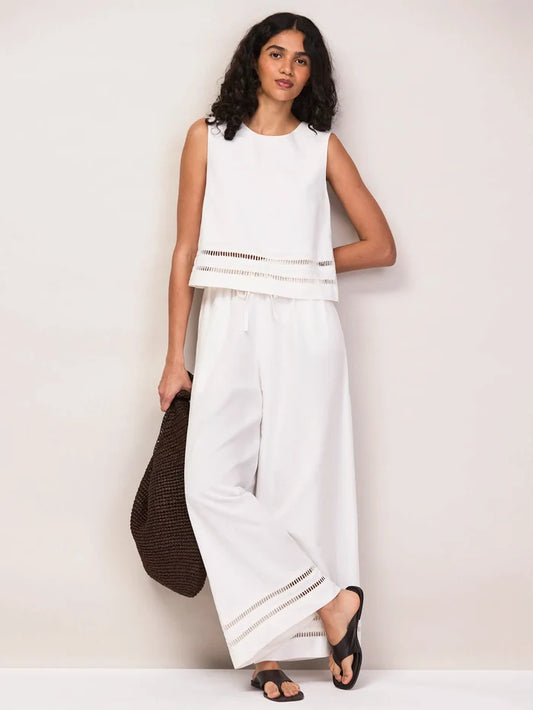 White Ladder Trim Wide Leg Trousers With Linen Co-Ord