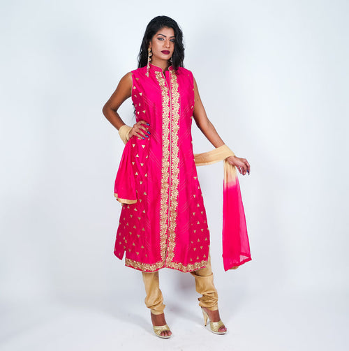 Pink with Gold Embroidery Silk Salwar Kameez
