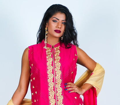 Pink with Gold Embroidery Silk Salwar Kameez