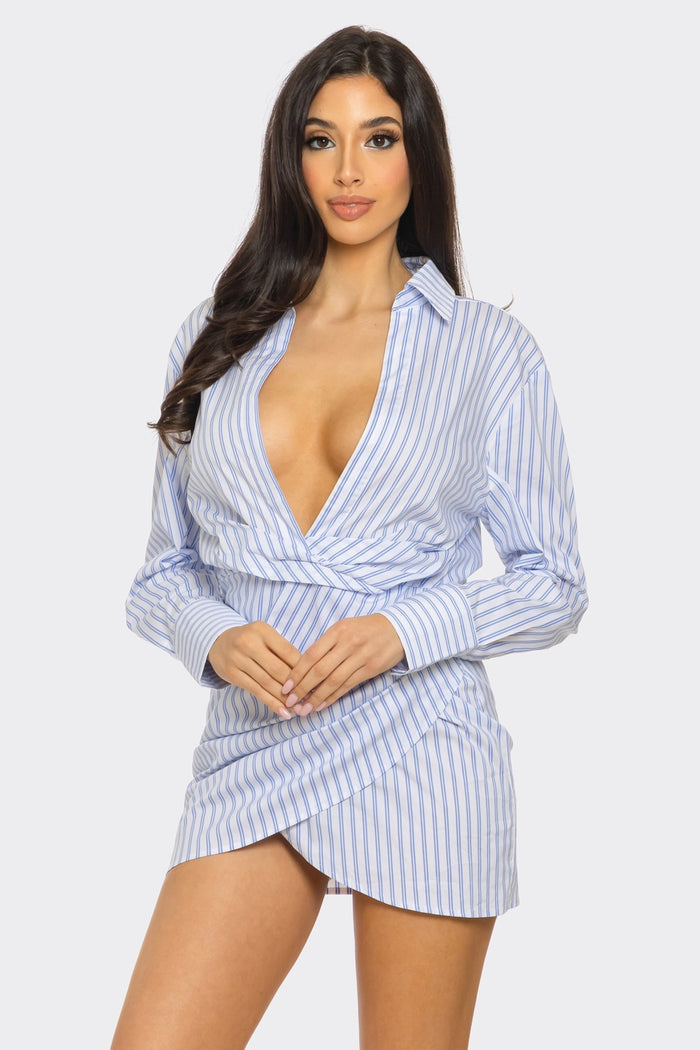 Plunge Collar Long Sleeve Wrap Mini Dress