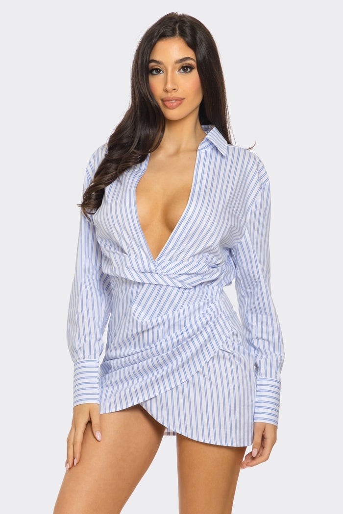 Plunge Collar Long Sleeve Wrap Mini Dress