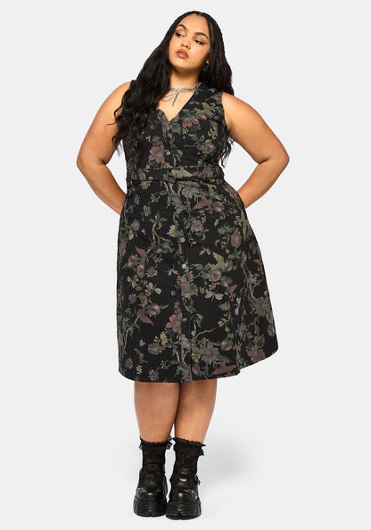 Poison Eden Print Denim Midi Dress
