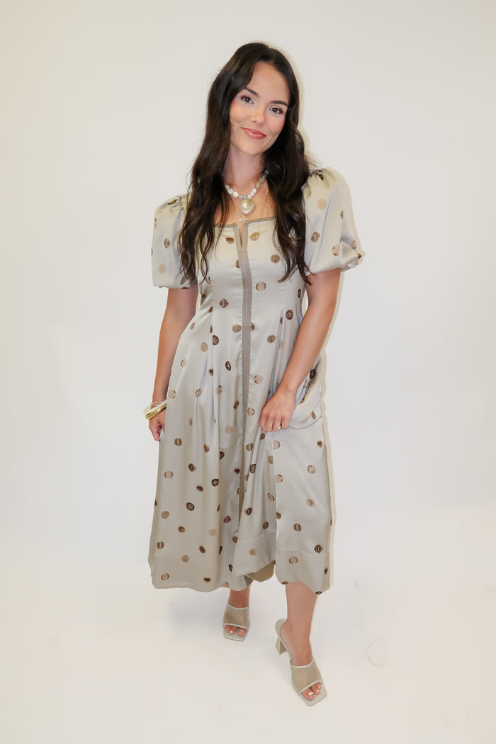 Pretty Little Things Silky Polka Dot Pleated Midi Dress - The Pink Tulip Clothing