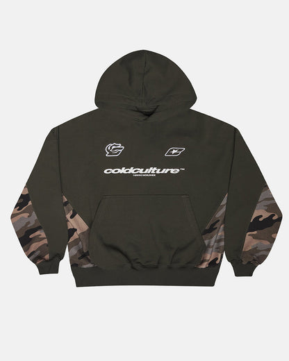 RACING CAMO HOODIE DARK GREEN - dark green camo hoodie, front view - Cold Culture