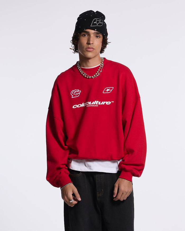 RACING CREWNECK RED - red logo print crewneck sweatshirt, front view on male model - Cold Culture #man