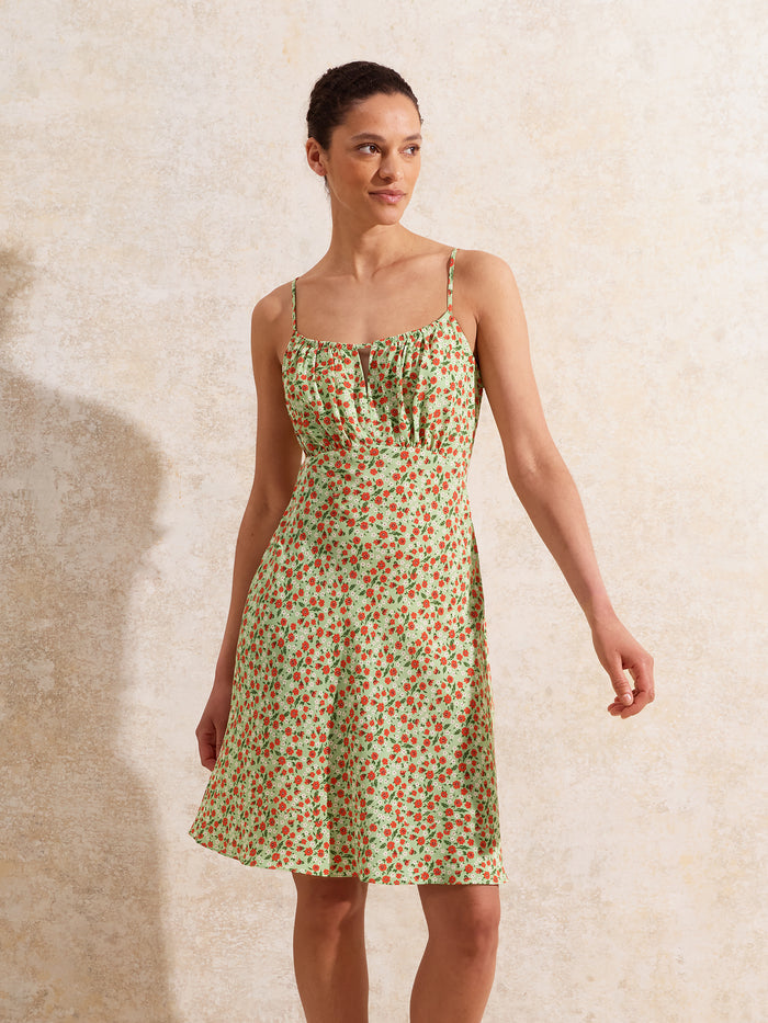 Red And Green Ditsy Floral-Print Mini Dress