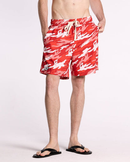 RED CAMO SWIM SHORT - red camo swim shorts, front view on male model - Cold Culture