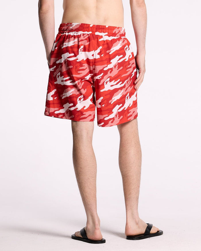 RED CAMO SWIM SHORT - red camo swim shorts, back view on male model - Cold Culture