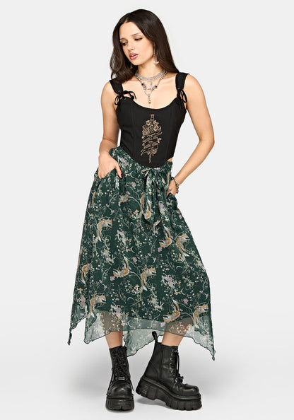 Renard Print Chiffon Hanky Hem Midi Skirt