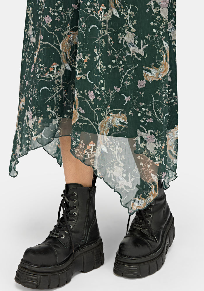 Renard Print Chiffon Hanky Hem Midi Skirt