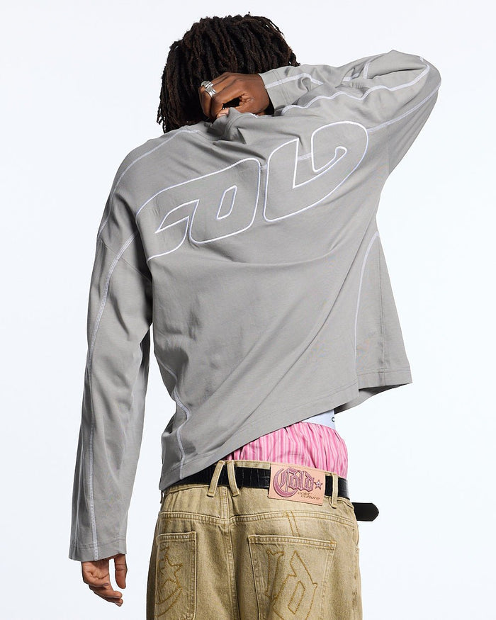ROLLER LONGSLEEVE TEE GREY - grey contrast stitch longsleeve tee, back view on male model - Cold Culture #man