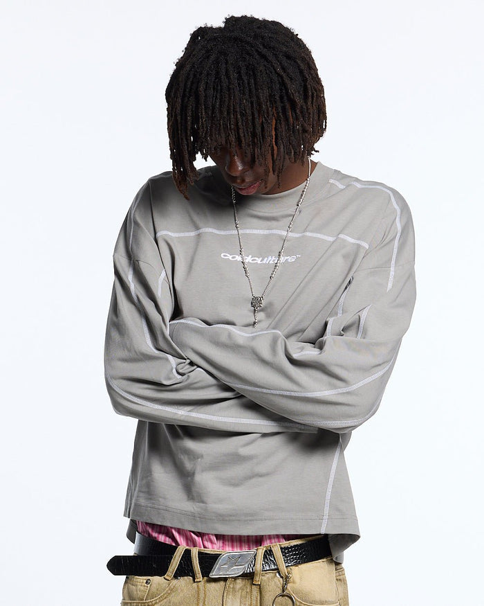 ROLLER LONGSLEEVE TEE GREY - grey contrast stitch longsleeve tee, front view on male model - Cold Culture #man
