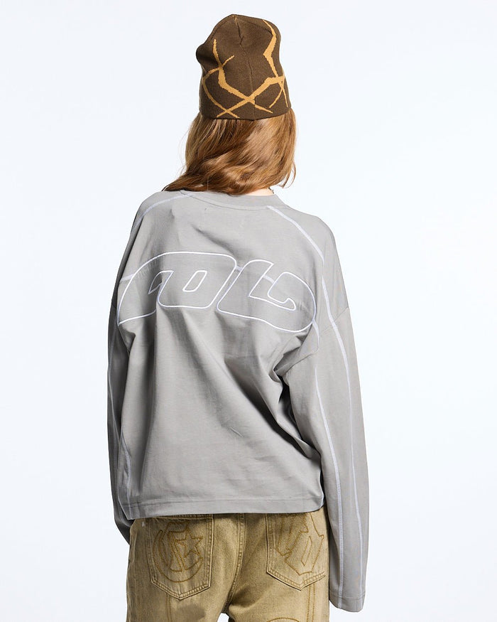 ROLLER LONGSLEEVE TEE GREY - grey contrast stitch longsleeve tee, back view on female model - Cold Culture #woman