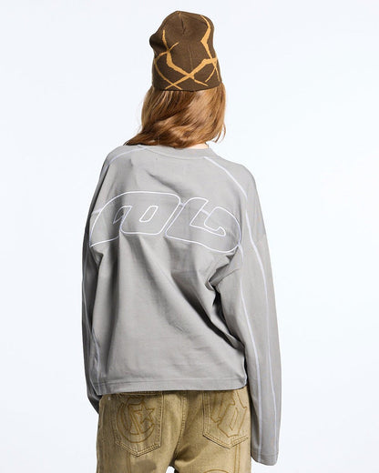 ROLLER LONGSLEEVE TEE GREY - grey contrast stitch longsleeve tee, back view on female model - Cold Culture #woman