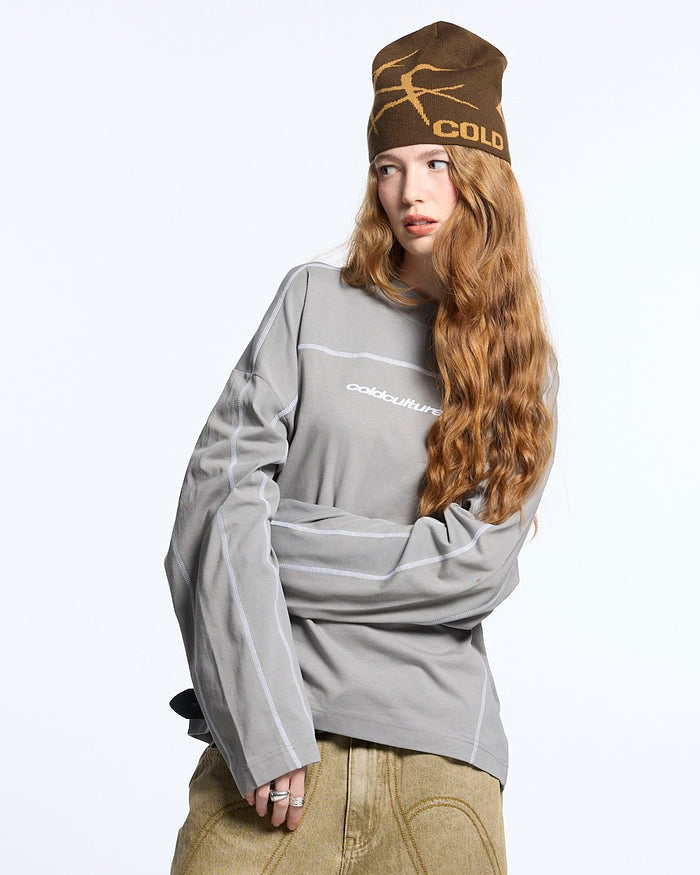 ROLLER LONGSLEEVE TEE GREY - grey contrast stitch longsleeve tee, front view on female model - Cold Culture #woman