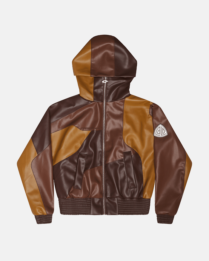ROUTE JACKET BROWN - brown two-tone leather jacket, front view - Cold Culture