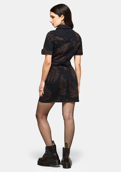 Ruin Fern Printed Denim Mini Shirt Dress