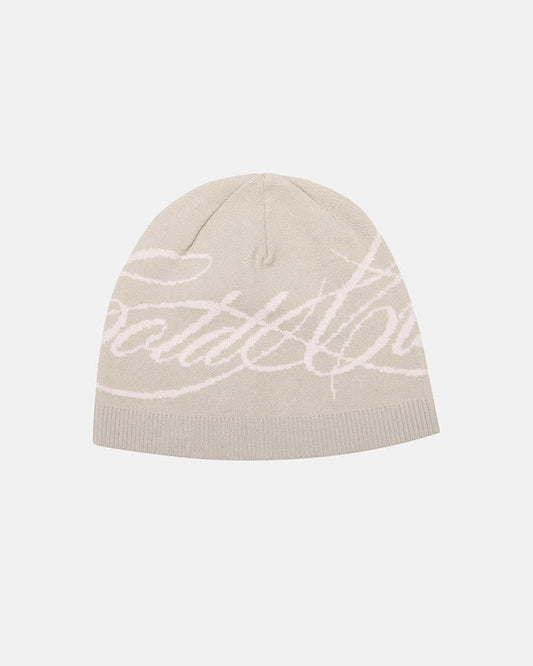 SCRIPT BEANIE BEIGE - beige script knit beanie, front view - Cold Culture