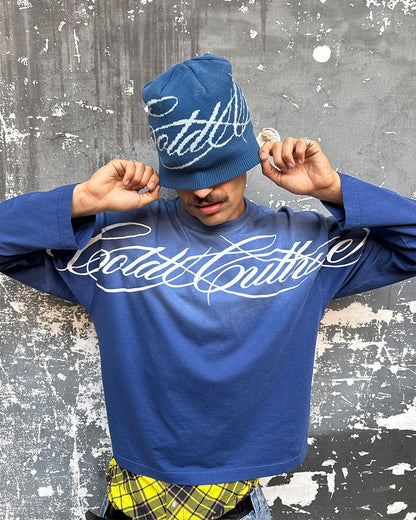 SCRIPT BEANIE BLUE - blue script knit beanie, street style shot - Cold Culture