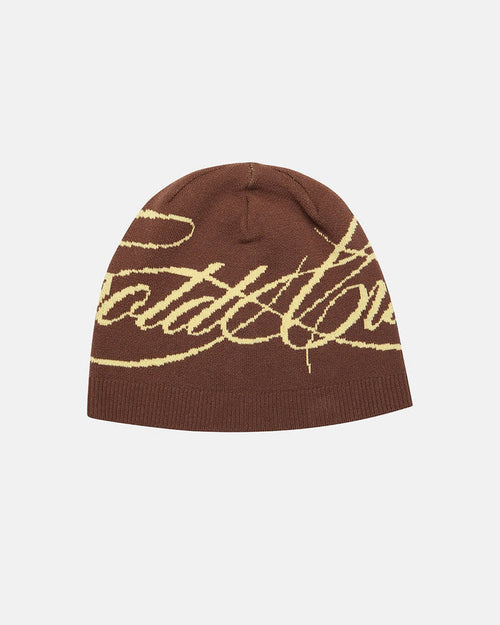 SCRIPT BEANIE BROWN - brown script knit beanie, front view - Cold Culture