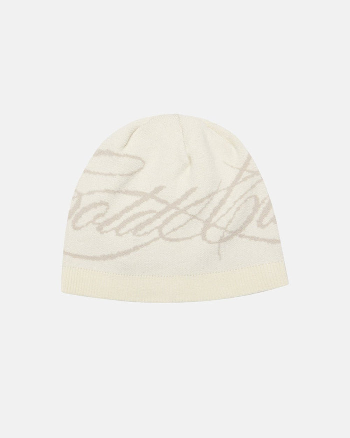 SCRIPT BEANIE GREY - light grey script knit beanie, front view - Cold Culture