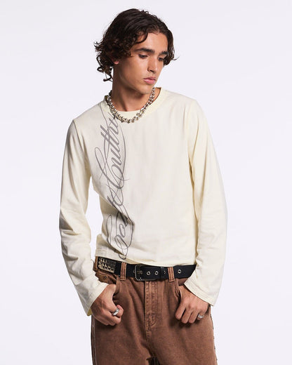 SCRIPT LONGSLEEVE TEE WHITE - white script print longsleeve tee, front view on male model - Cold Culture #man