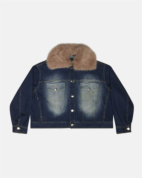 SOFT FUR DENIM JACKET RAW DENIM - dark denim jacket with fur collar, front view - Cold Culture