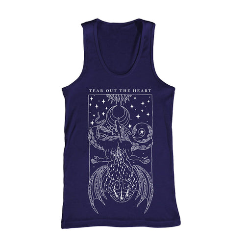 Tear Out The Heart navy blue tank top with a detailed white graphic of a winged creature, celestial elements, and TEAR OUT THE HEART text above the design.